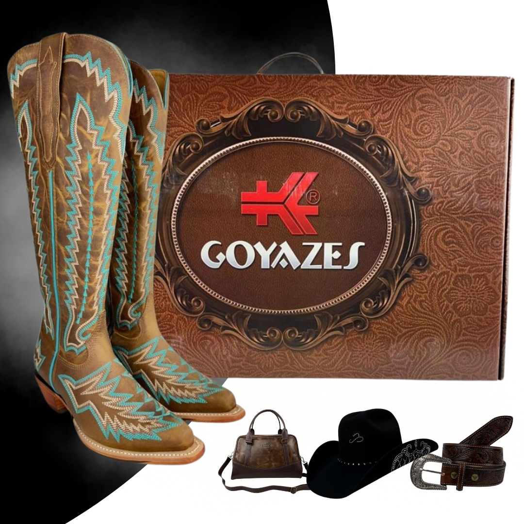 Bota Texana Feminina Goyazes Ortopédica + 3 Brindes: Chápeu Goyazes + Bolsa e Cinto de Couro Bovino